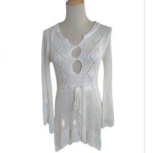 White Crochet Knit Long Sweater Or Dress